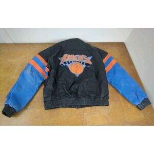 Vintage 90s New York Knicks Pro Player Leather Jacket Big Logo Blue Orange Black